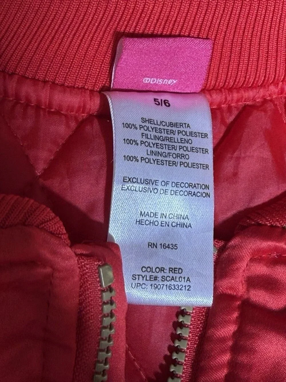 Disney Minnie Mouse Bomber Jacket Girls 5/6 Red Lined Insulated Full Zip